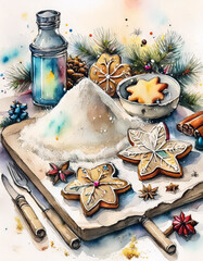 Wall Mural - A pile of flour, a rolling pin, and a variety of cookies and candies on a table