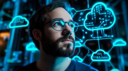 Poster - A person with glasses and a beard is deep in thought against a backdrop of glowing cloud graphics and circuit patterns, illustrating a moment of contemplation about technology and innovation.