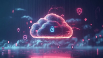 Poster - A digital representation of a cloud surrounded by various security icons, illustrating the concept of data protection.