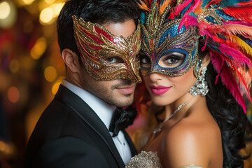 Wall Mural - Carnival party, a couple immersed in the magic of a masquerade event, with detailed masks and vibrant colors.