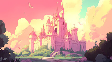 Wallpaper illustration of a princess castle, pink castle cartoon. Fairy Tale Castle. Illustration