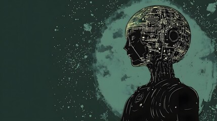 Poster - Futuristic humanoid silhouette with digital circuitry and glowing elements against a cosmic background, showcasing the intersection of technology and humanity