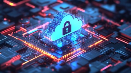 Poster - A prominent cloud symbol with a lock is centered within intricate digital circuits, showcasing the importance of cybersecurity.