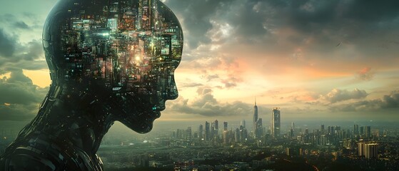 Aufkleber - Abstract representation of a futuristic city skyline merging with a human silhouette, illustrating the concept of artificial intelligence and urban evolution.