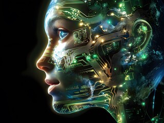 Fototapete - Futuristic Human-Machine Interface Concept with Digital Patterns, Circuitry, and a Glowing Face Accentuated by Blue and Green Tones in a Dark Background