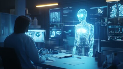 Aufkleber - A medical professional is focused on a holographic display showcasing human anatomy in a modern research lab. The screens reveal various health metrics and medical imaging data for analysis.