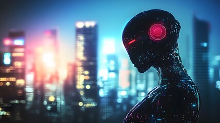 Aufkleber - Futuristic humanoid robot silhouette against a vibrant urban skyline with neon lights, representing technology, innovation, and artificial intelligence in a digital world