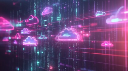 Poster - Digital cloud icons in pink and blue light float in front of a glowing digital code background.