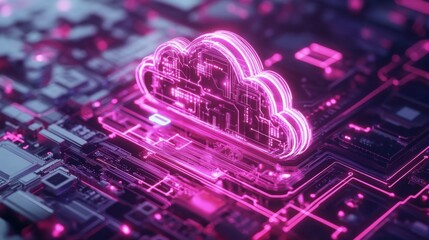 Poster - A pink cloud icon is illuminated and positioned atop a circuit board. The icon is composed of a series of lines resembling circuits, creating a glowing effect.