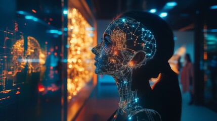 Poster - A person engages with interactive digital displays in a contemporary gallery setting. The vibrant visuals illuminate their profile, showcasing a blend of technology and artistry.