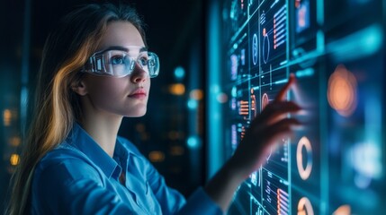 Leinwandbilder - A young woman in glasses is focused on a digital display filled with charts and graphs, navigating through data in a contemporary office setting illuminated by artificial lights.