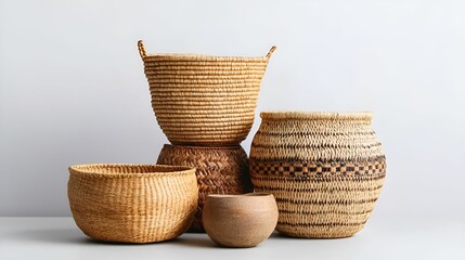 Sticker - A collection of woven baskets in various shapes and sizes, showcasing natural textures and earthy tones against a minimalistic background.