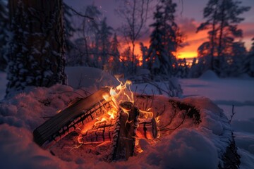 Wall Mural - Campfire surrounded by snow-covered trees, perfect for winter scenes or outdoor adventure concepts