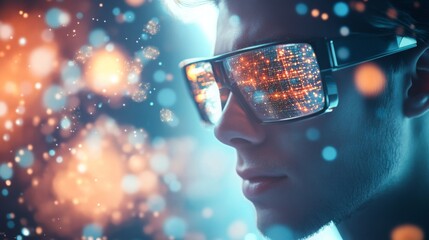 Aufkleber - A young man is looking to the side, wearing modern glasses that reflect colorful lights and digital patterns. The background is filled with vibrant, glowing orbs, creating a tech-inspired atmosphere.