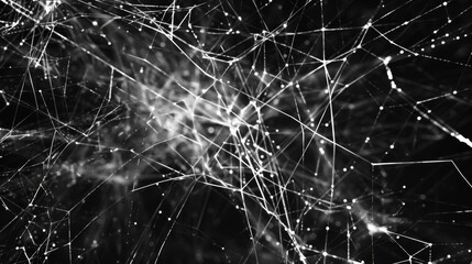 A black and white image of a web of lines and dots