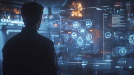 Poster - A man stands in a dark room, looking at a large, clear digital screen. The screen displays a complex interface with various digital elements, including graphs, charts, and symbols.