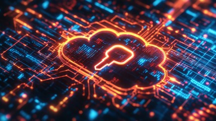 Leinwandbilder - A glowing orange cloud with a key inside is depicted on a circuit board. The cloud is on a dark background with blue and orange lights, and the key is facing upwards.