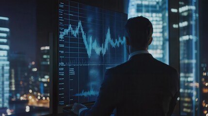Wall Mural - a man in a suit is looking at a computer screen with a graph on it