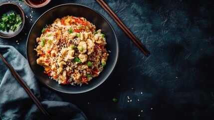 Poster - Asian-style meal with steaming hot rice, colorful vegetables, and paired with traditional chopsticks for eating