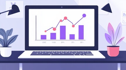 Wall Mural - a laptop screen shows a graph with purple and red bars