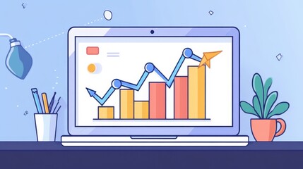 Wall Mural - a laptop screen shows a graph with a green arrow pointing upward