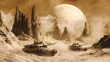 Wall Mural - Two armored military tanks traverse a vast, arid desert with towering mesas under a large moon in a hazy, sepia-toned alien landscape. ai generated image. Desolate Alien Desert. Illustration