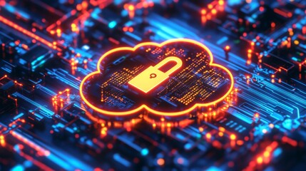 Leinwandbilder - A glowing padlock symbol sits at the center of a cloud graphic, surrounded by vibrant digital circuit designs.