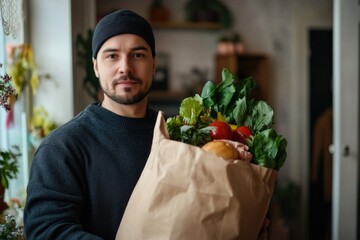 Sticker - A person carrying a paper bag filled with fresh vegetables