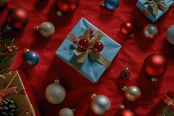 Poster - A blue gift box surrounded by Christmas decorations and ornaments, perfect for holiday season images or winter themed designs