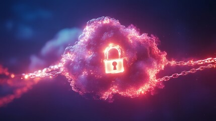 Poster - A vibrant digital cloud, glowing in shades of purple and red, showcases a prominent lock symbol representing security.