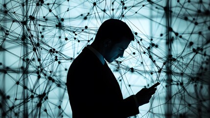 Fototapete - Businessman Thinking with Mobile Device in Digital Network