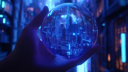 Aufkleber - A person extends a hand to present a luminous blue crystal sphere that showcases a detailed miniature of a futuristic city. The vibrant colors reflect a high-tech atmosphere in an urban setting.