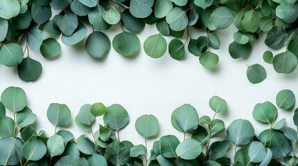 Wall Mural - A border of green eucalyptus leaves on a light background, creating a natural frame.