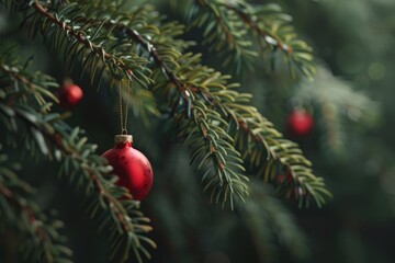 Poster - A festive red ornament hangs from the branches of a decorated Christmas tree