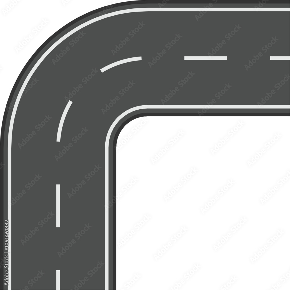Winding road with white dashed lines making a ninety degree turn ...