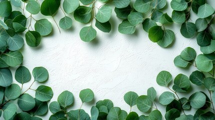 Wall Mural - A border of green leaves on a textured white background, ideal for nature-themed designs.