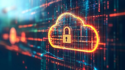 Fototapete - A digital illustration of a cloud with a padlock in the center. The cloud is glowing bright orange and is set against a background of dark blue lines and digital code.