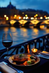 Poster - A plate of food and a glass of wine on a table, perfect for a dinner party or romantic evening