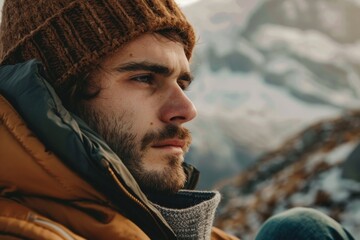 Wall Mural - A person wearing a brown hat and jacket, possibly in a casual or outdoor setting