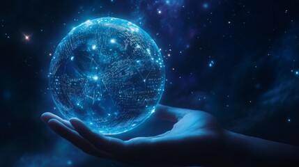 Fototapete - A hand holds a luminous globe filled with interconnected lines and dots, representing data and technology. The background features a vast starry night sky, enhancing the futuristic theme.
