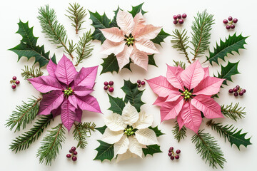 Poster - A vibrant collection of poinsettias and holly is beautifully arranged on a white background, celebrating the holiday spirit