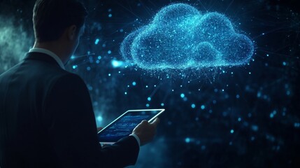 Aufkleber - A man in formal attire engages with cloud computing technology using a tablet while surrounded by a digital interface.