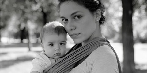 Poster - A mother holding her baby snugly in a sling, perfect for everyday use or travel