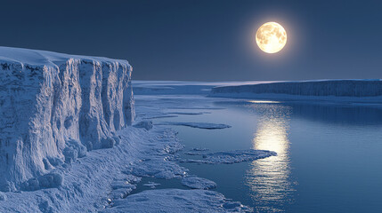 Aufkleber - The full moon illuminates icy waters and snowy cliffs, creating a peaceful nighttime landscape with shimmering reflections