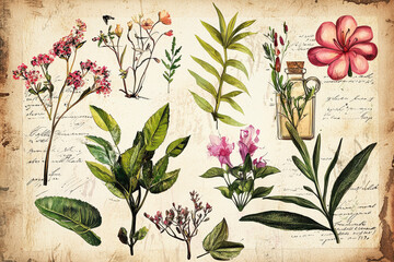 Aufkleber - A collection of intricate botanical drawings showcasing various flowers and plants arranged artistically on old parchment paper