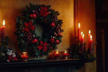 A decorative mantle with a wreath and candles, perfect for festive occasions