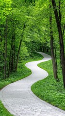 Poster - Winding path through lush green forest creates a serene and inviting atmosphere, AI