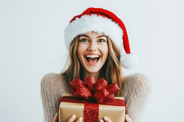 Poster - A smiling woman wearing a Santa hat holds a wrapped gift, perfect for festive season or holiday themed images