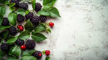 Poster - Bright blackberries and cherries are artistically arranged with green leaves on a rustic surface, perfect for showcasing fresh produce