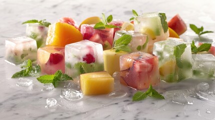 Poster - A stack of ice cubes sitting on a table, perfect for refreshing drinks or adding to cocktails